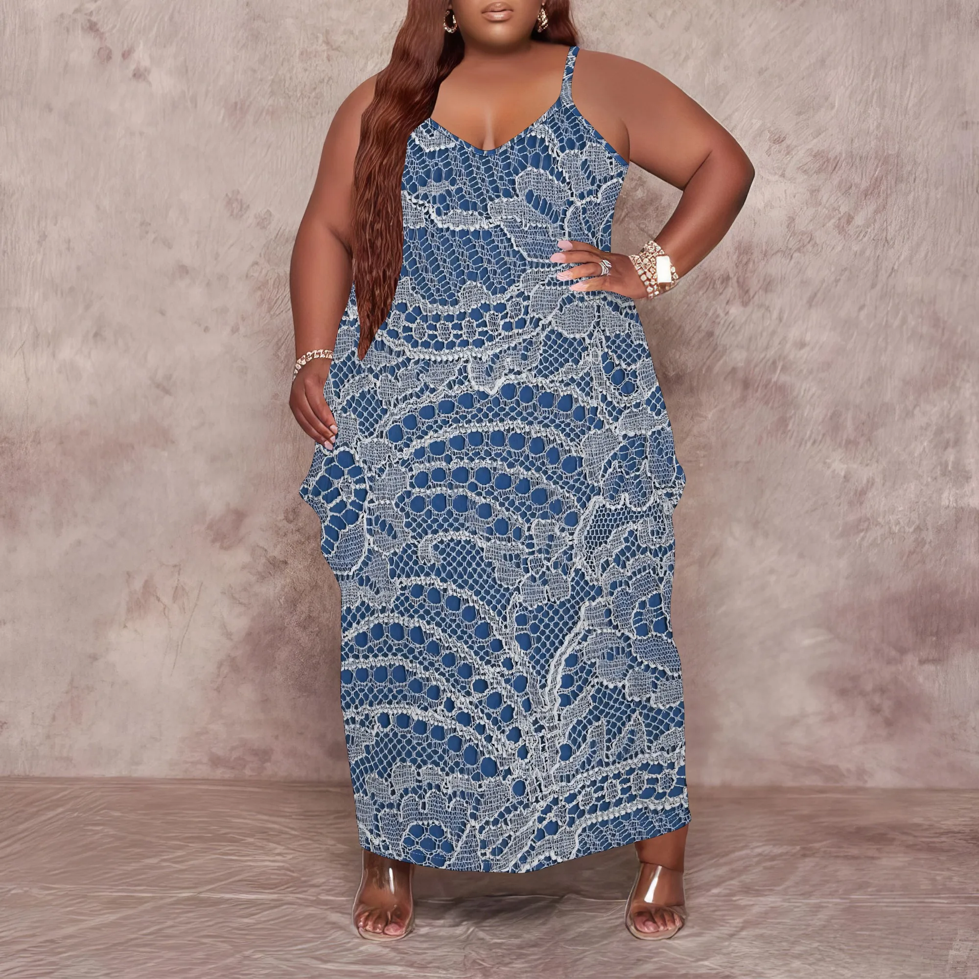 

SheFirstStyle Plus Size Lace Print Long Dress for Women Summer Spaghetti Strap Casual Look
