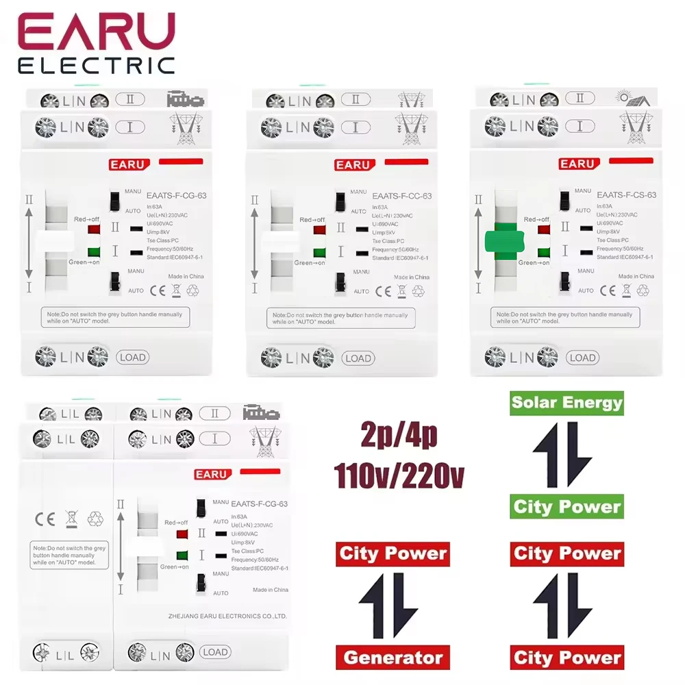 Din Rail 2P 4P 63A AC 220V AC 110V ATS PV Dual Power Automatic Transfer Switch Electrical Selector Switches Uninterrupted Power