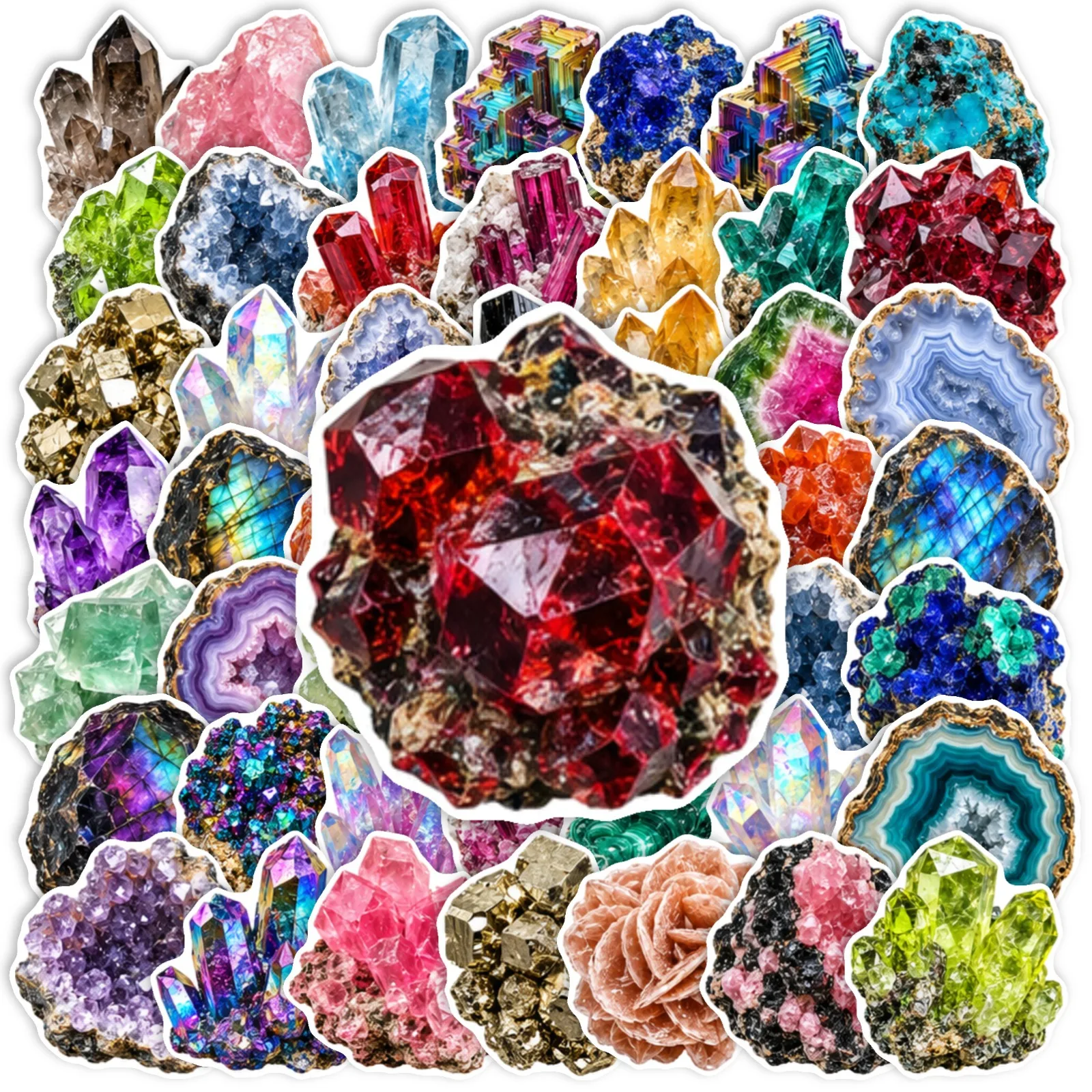 50PCS Exquisite Colorful Crystal Raw Stone Mineral Crystal Cluster Stickers Pack Phone Laptop Fridge Non Repeated Decorate Decal