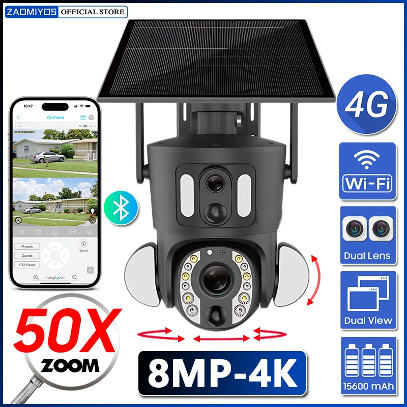 

4K 50X Optical Zoom Dual Screen Security Solar Camera 8MP 4G Sim/WiFi PTZ Dual PIR Detection Humanoid Auto Tracking CCTV IP Cam