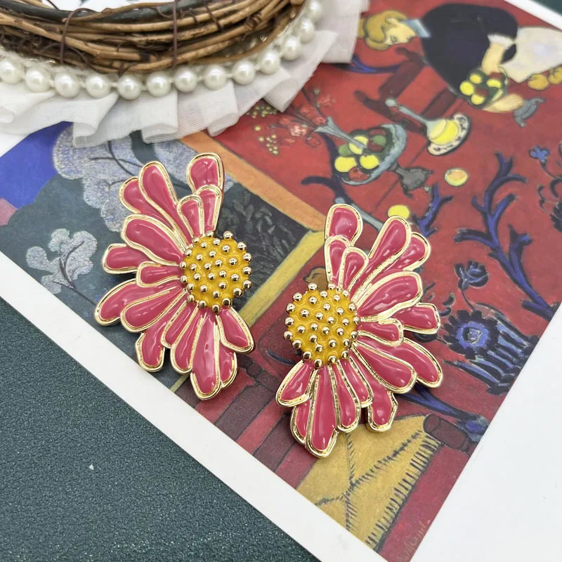 Hot Pink Enamel Earrings Stud Yellow Core Oil Painting Jewelry Sweet Fashion Brincos