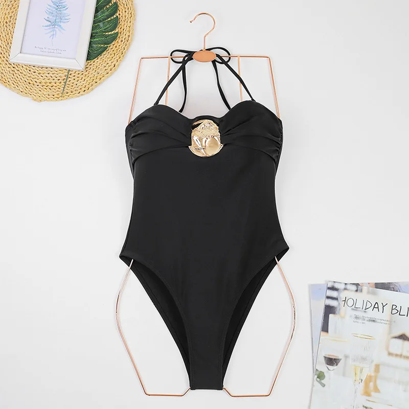 Black One Piece Swimsuit 2025 Vintage Retro Swimwear Women Swimsuit Bathing Suit Beachwear Monokini Halter Female Swimming Suits