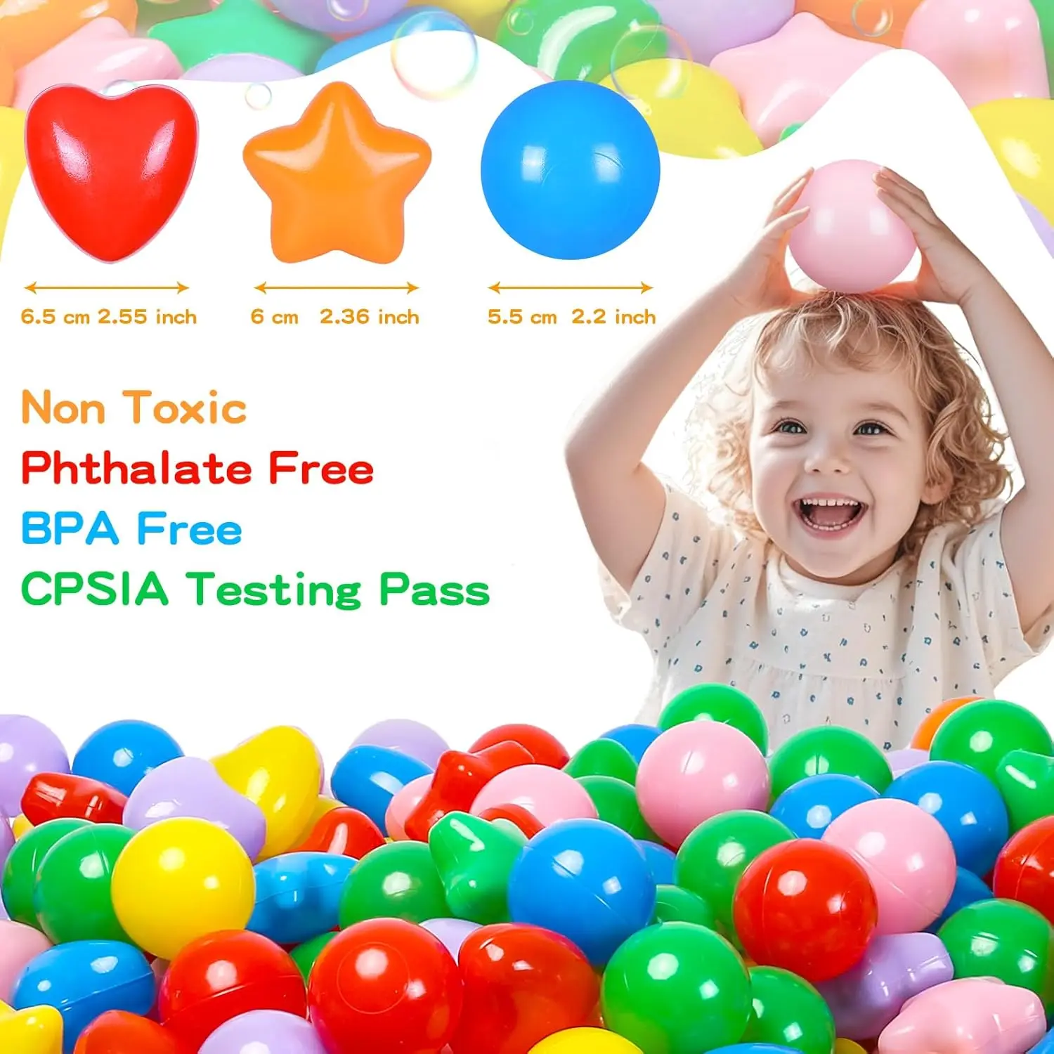 볼풀 공 200개 밝은 색상의 플라스틱 공 유아용 프탈레이트 무첨가 BPA 무첨가 파손 방지 공 재사용 가능한 어린이 놀이 장난감
