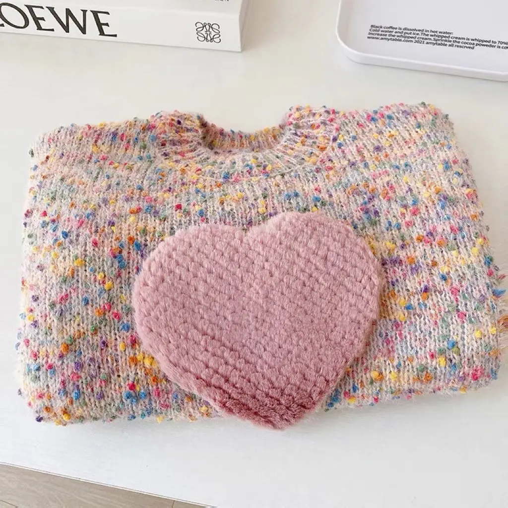 2026 Autumn Girls Sweet Fashion Colorful Heart Thick Warm Long Sleeve Sweaters