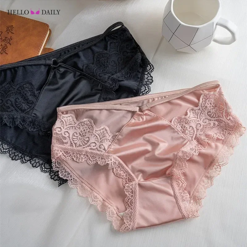 New French Style Sexy Lace Panties Women\'s Thin Hollow Out Pure Cotton Crotch Breathable Mid-low Waist Satin Underwear