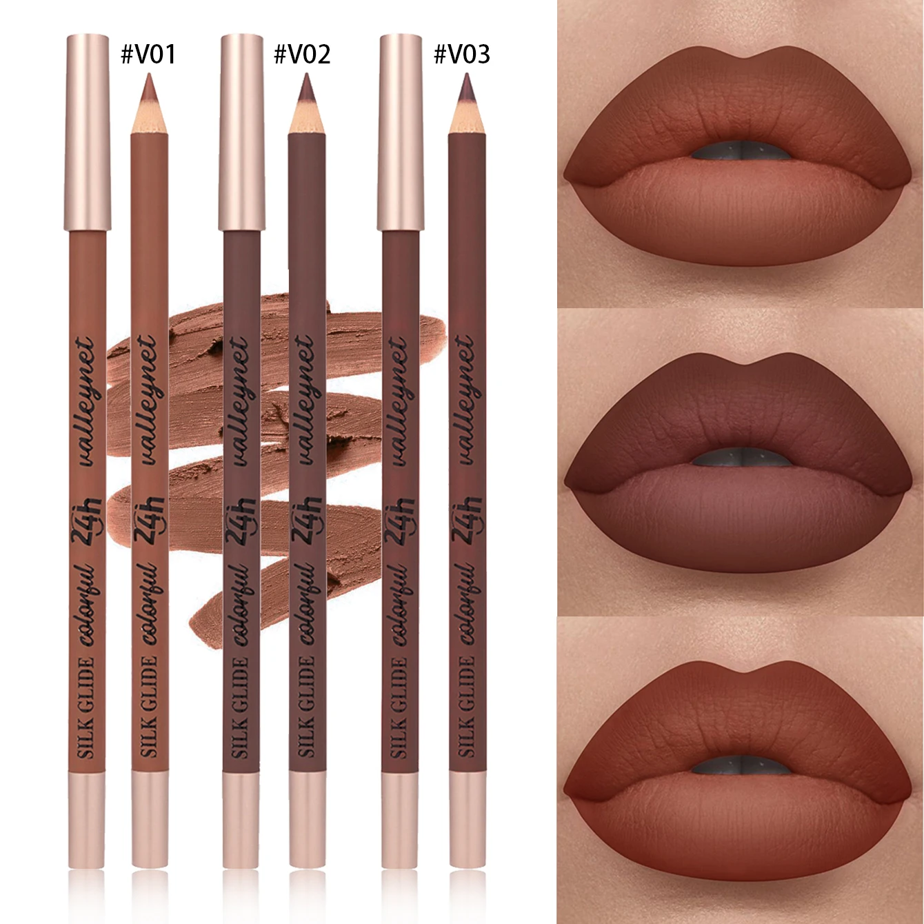 3 unids/set delineador de labios mate marrón |   Fórmula cremosa impermeable |   Duradero, impermeable, resistente a las manchas. |   Altamente pigmentado