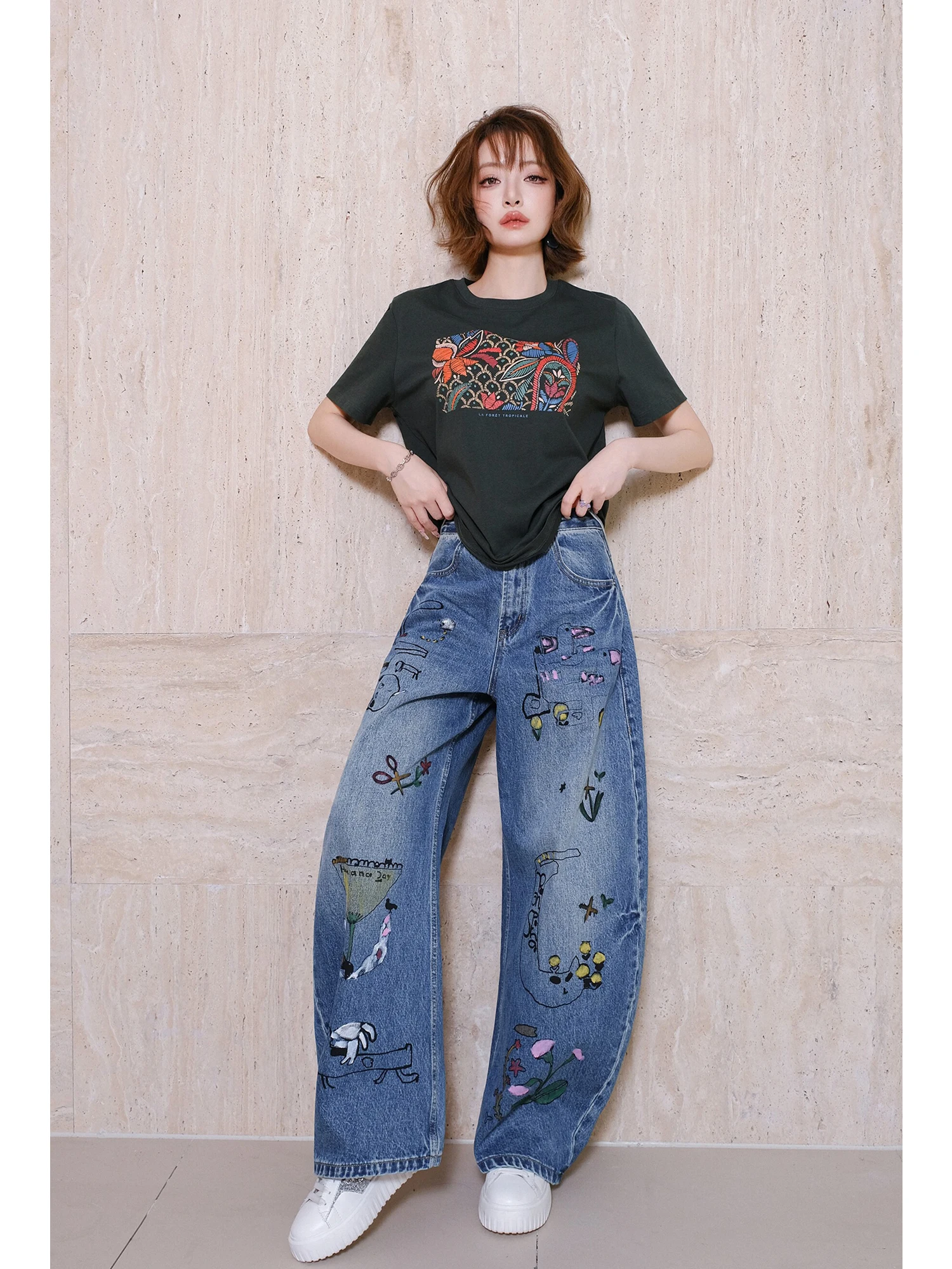 

MIUCO American Graffiti High Street Knife Jeans Women's Loose Casual Straight Leg Long Trousers