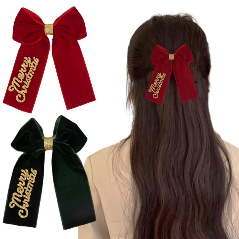 ncmama 2PCS Christmas Velvet Hair Bow Clips Elegant Women Girls Velvet Bow Hairpin with Glitter Letter New Year Hair Accessories