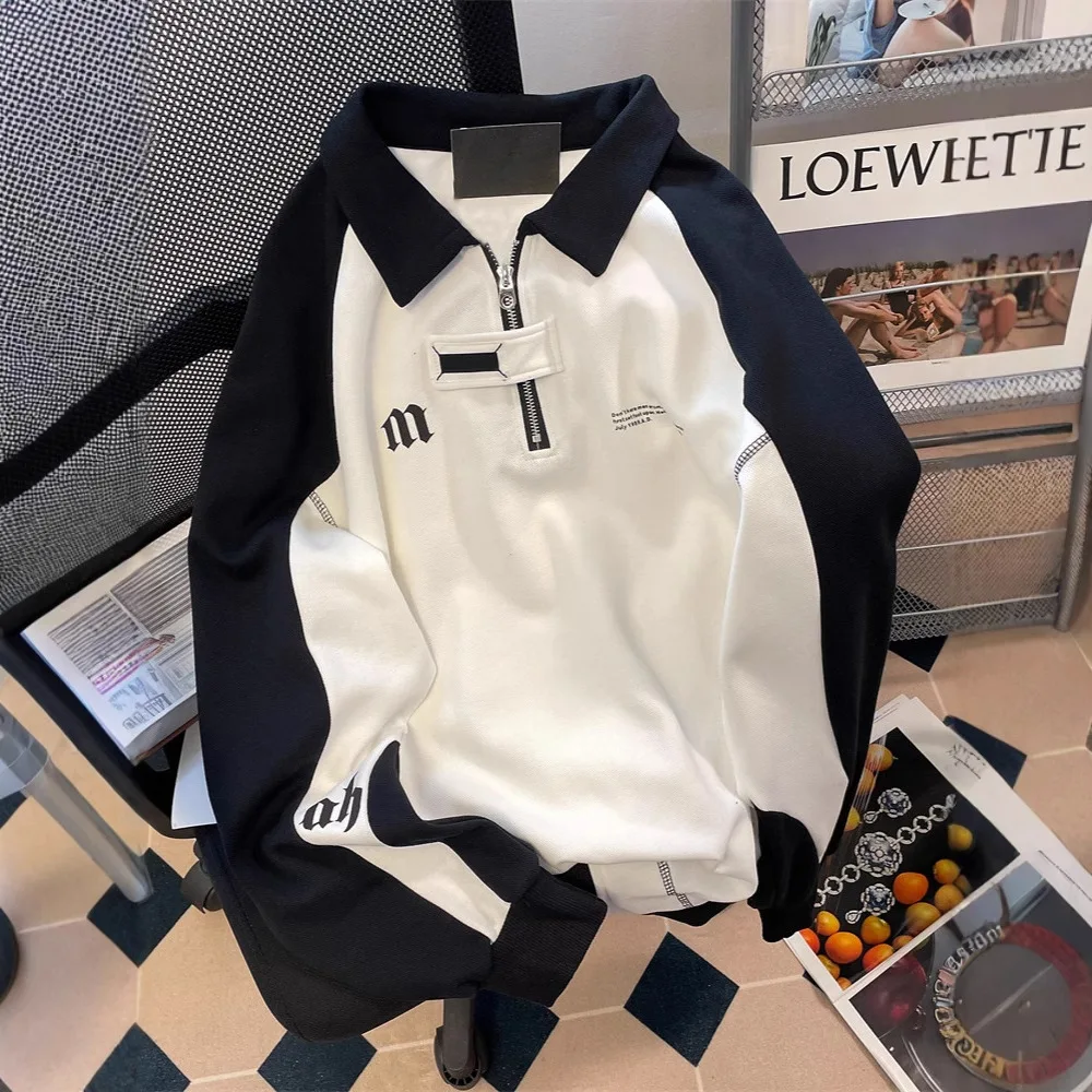 

Retro College Style Half Zipper Polo Collar Sweater Women's High Sense Hiphop Trendy Brand Black and White Contrasting Top