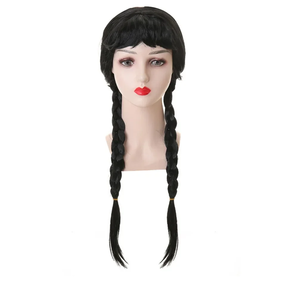 Wednesday Wig For Kids Halloween Wednesday Addams Black Braids Synthetic Hair Cosplay Accessories Crown Necklace Headdress Suit