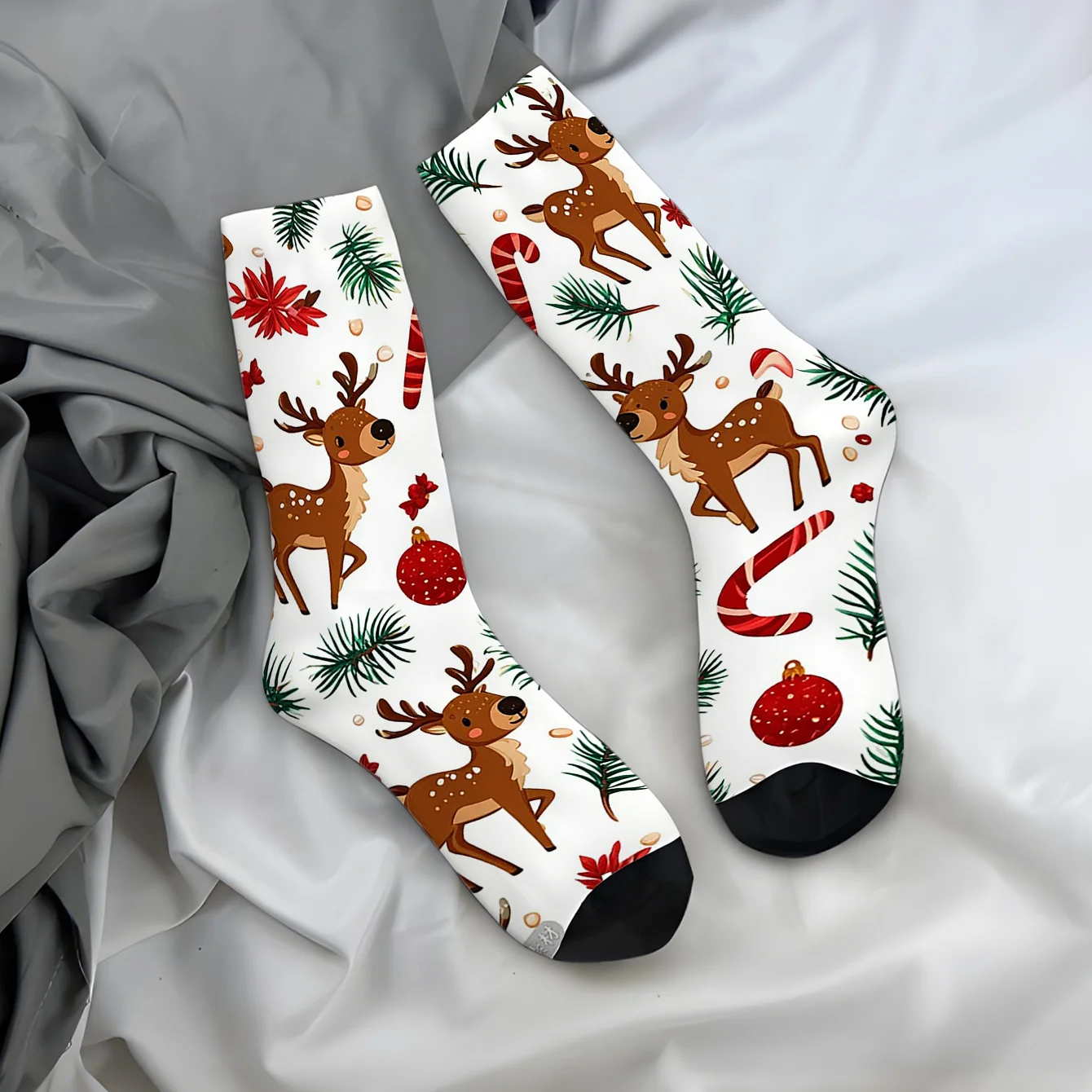 

Bestseller 3D Mid-Calf Socks, Deer with Christmas Decorations, Casual Print, Polyester Knit Fabric, Suitable for Men and Women