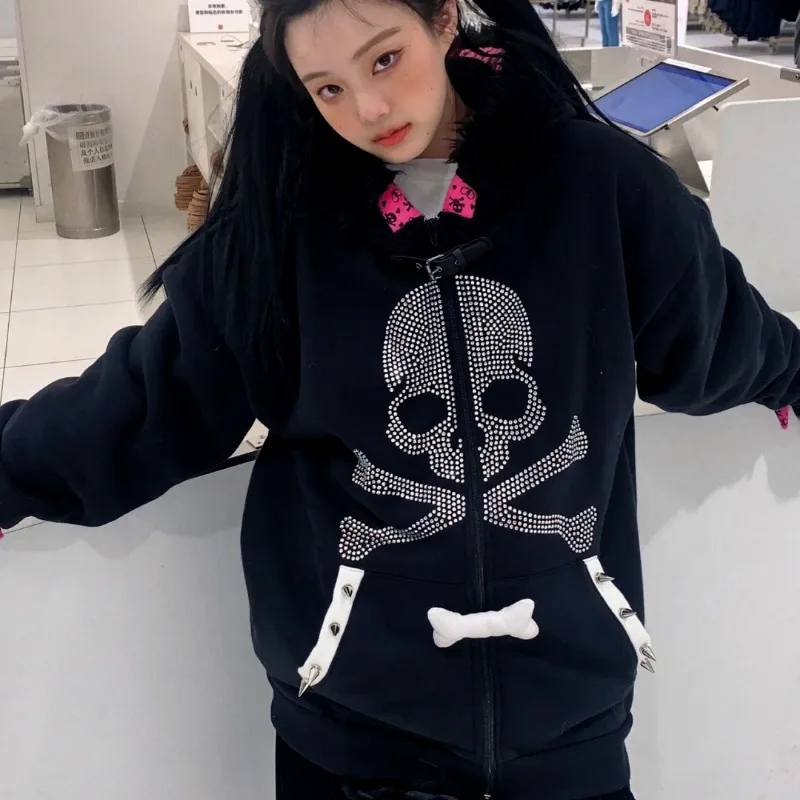 Subculture Skull Hot Diamond Sweet Cool Original Dark Punk Loose Fleece Sweatshirts Women's Thick Jacket Cat Ear Tail Coat