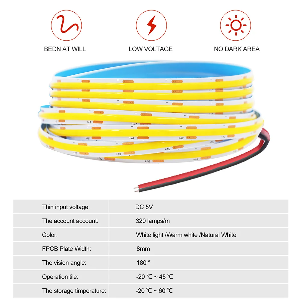 5V USB LED COB Strip Light with 2pin DC Connector 320 LEDs Flexible Tape Lamp 3000K 4000K 6000K High Density Linear Lighting