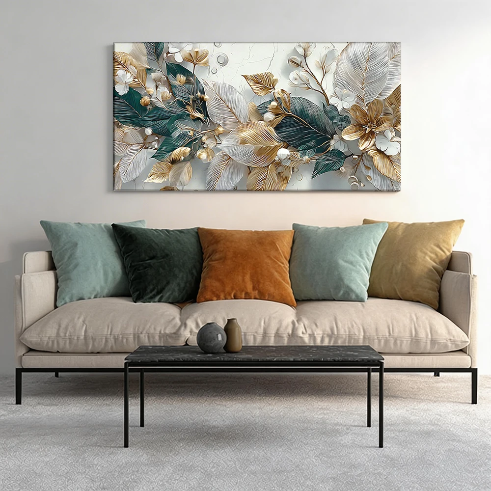 

Large-sized solid wood frame canvas painting 1pc Floral-leaf wall art, gold green.