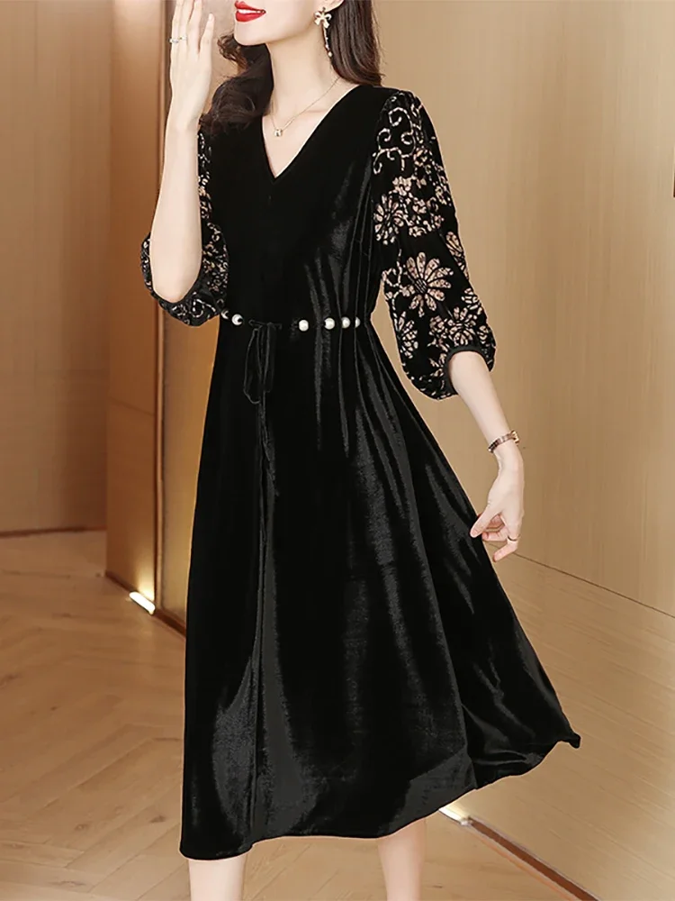 Korean Black Velvet Chic Hook Flower Hollow Luxury Evening Dress for Women 2024 Autumn Winter Long Sleeve Elegant Party Vestidos