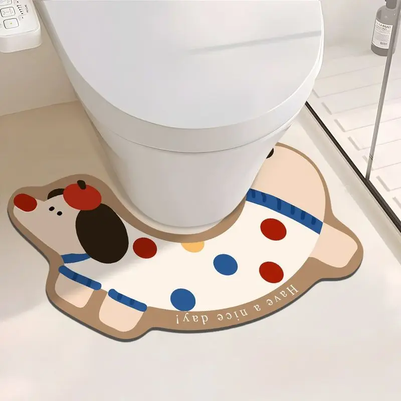 VIKAMA Polka-Dot Puppy U-Shaped Toilet Mat, Cartoon Dog Print Non-Slip Rug, Absorbent Bathroom Accessory, Home Decor
