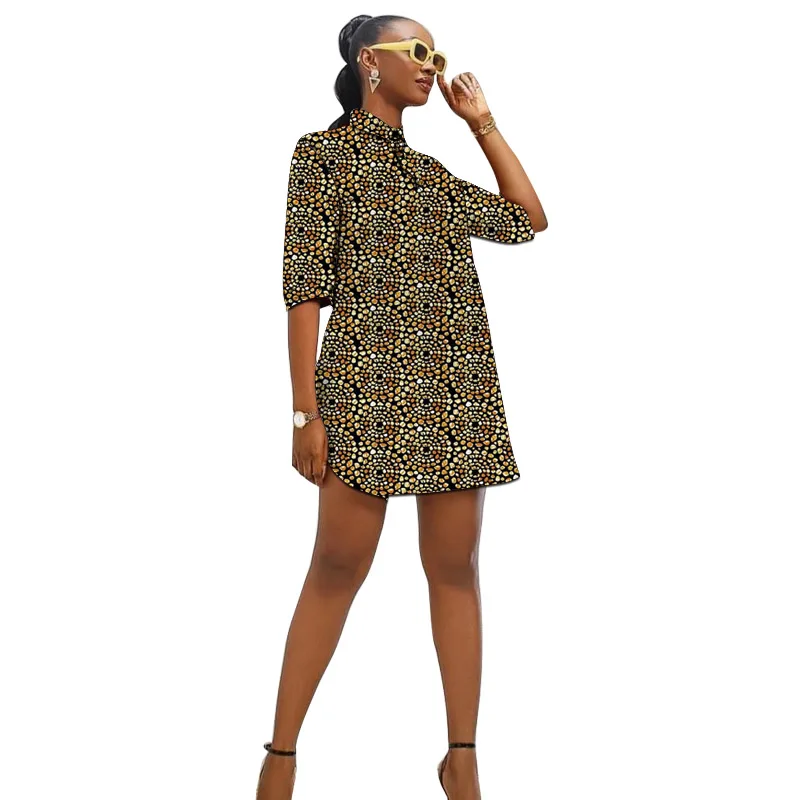 African Fashion Turn Down Collar Dress Customized Women's Ankara Outfit Colorful Print Female Wedding Wear