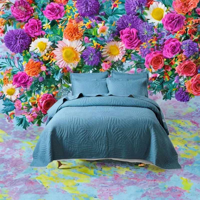 

Solid Color 100% Cotton Quilt Bedspread Set King Queen 3-Piece Lightweight Summer Comforter Embroidered Coverlet for Home Decor