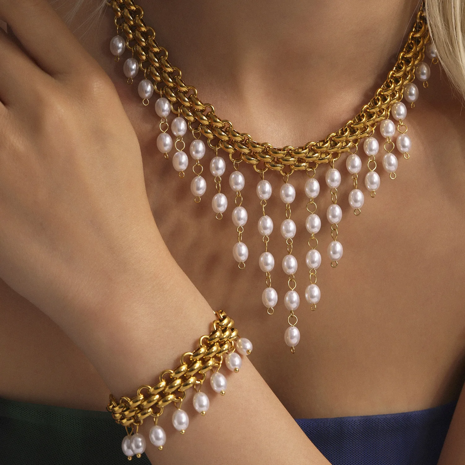 

Quality Stainless Steel Chunky Chain Necklace Bracelet Set Elegant Shell Pearl Tassel Statement Jewelry for Women Party Gift