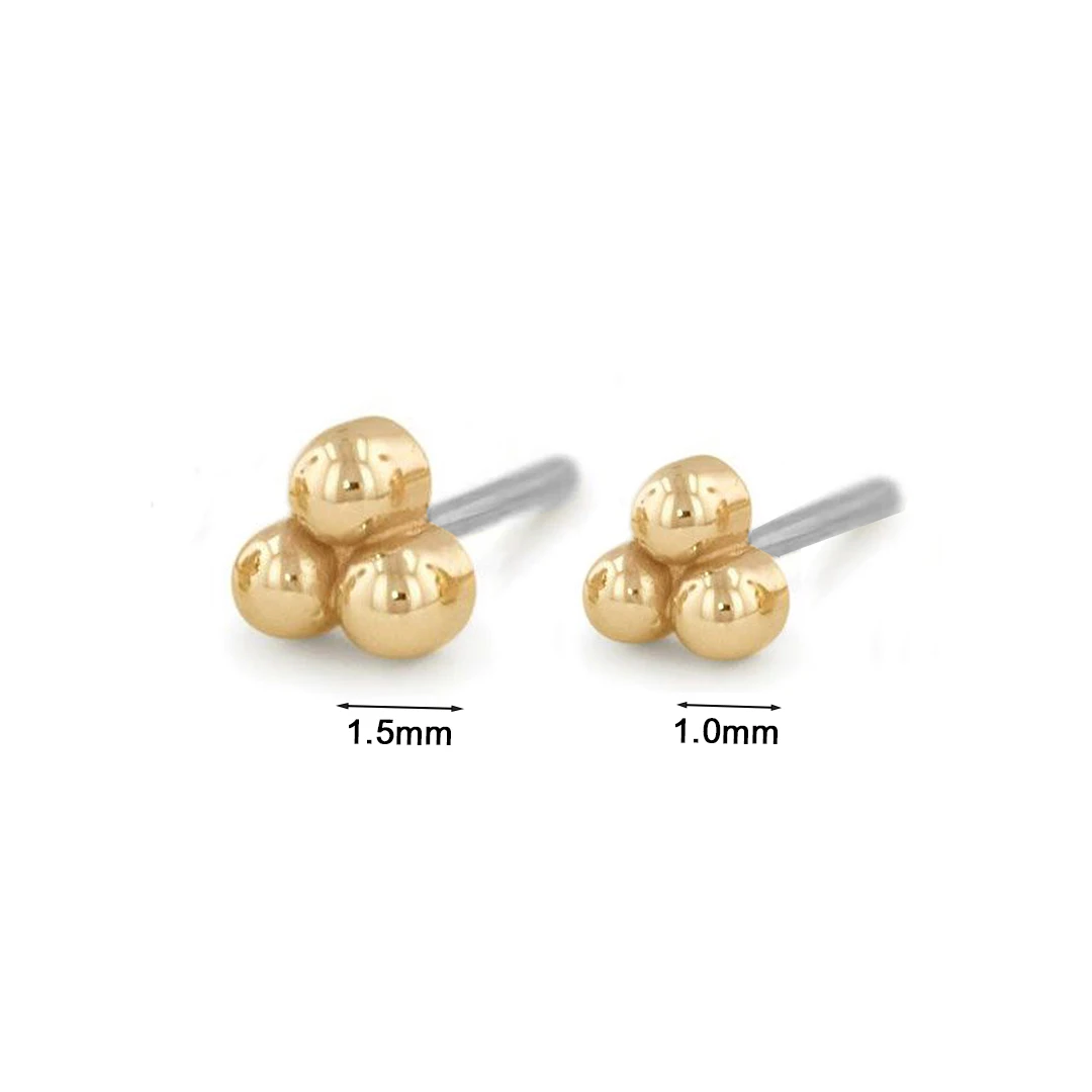 14k Solid Real Gold 3 Tri-bead Cluster Threadless Labret Jewelry Piercing Tops