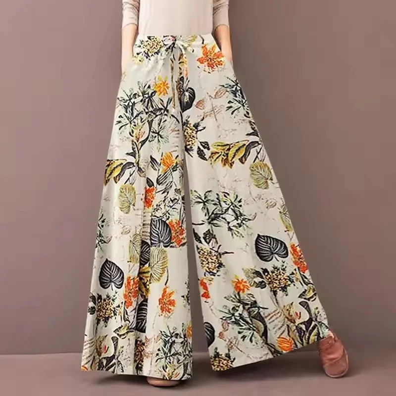 2025 frühling Sommer Floral Print Breite Bein Hosen Frauen Kordelzug Böhmen Hosen Asual Lose Beiläufige Elastische Taille Pantalon Damen