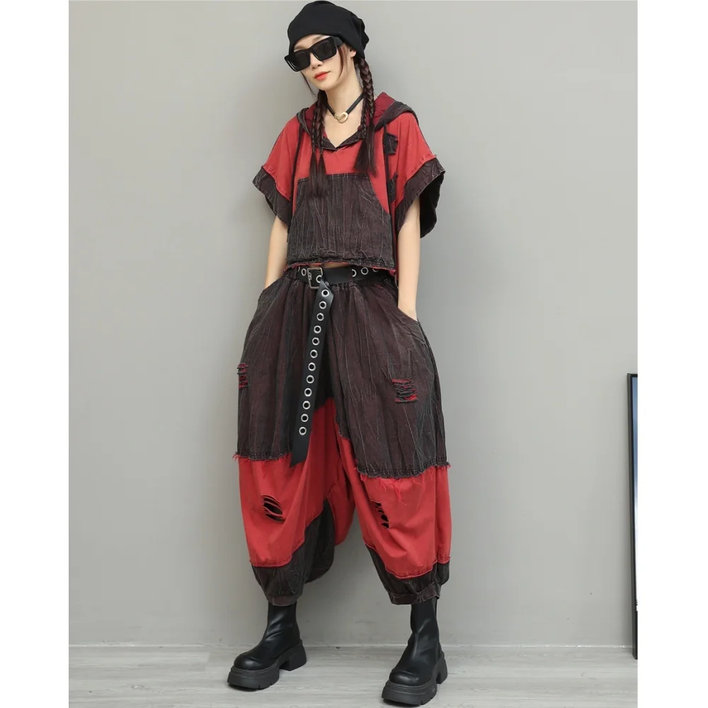 

Trendy Cool Fashion Suit Women 2026 Summer Color-blocked Denim Hooded Crop Top + Ripped Wide-leg Pant Two Piece Set XY86