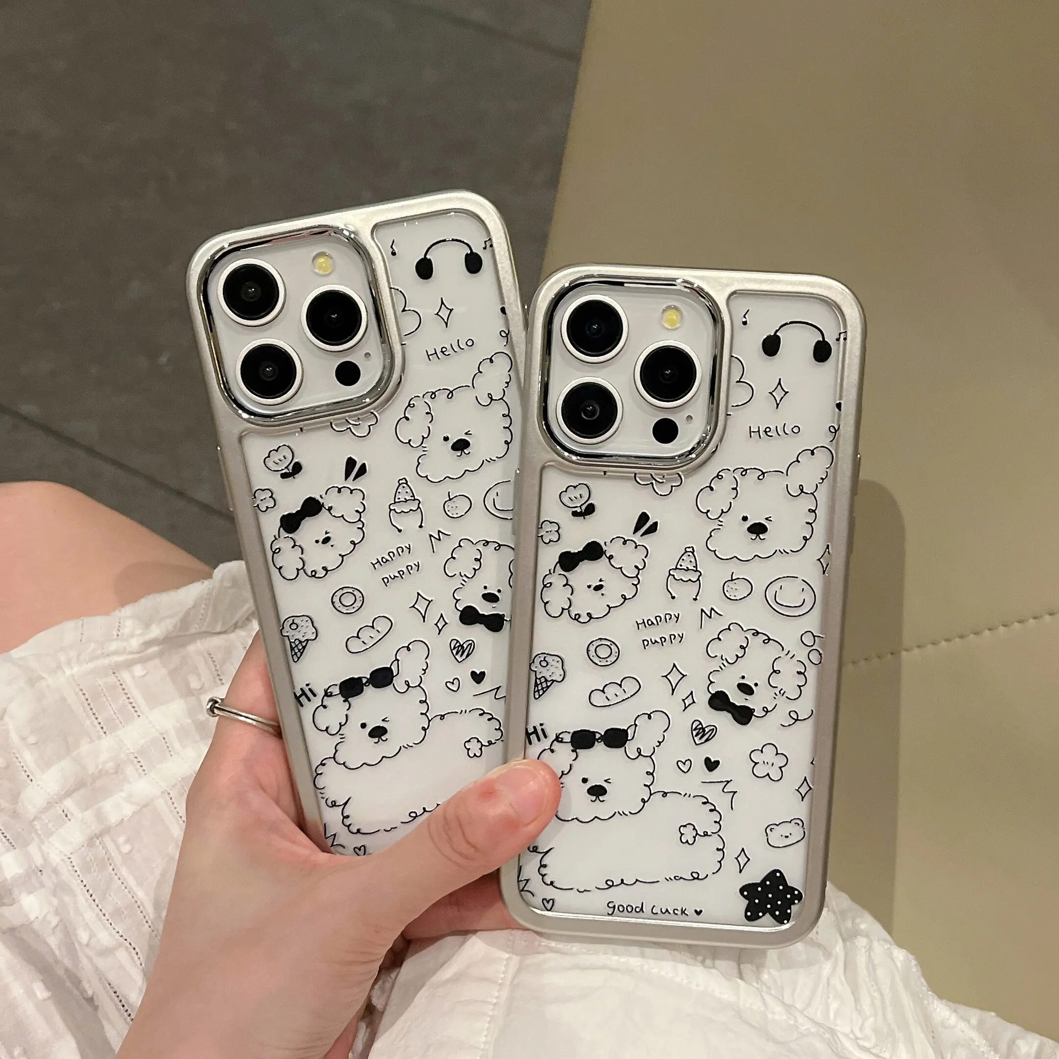 Cute electroplated cartoon Pochacco phone case suitable for iPhone 15, 14, 13, 12 Pro Max shock-absorbing transparent back cover