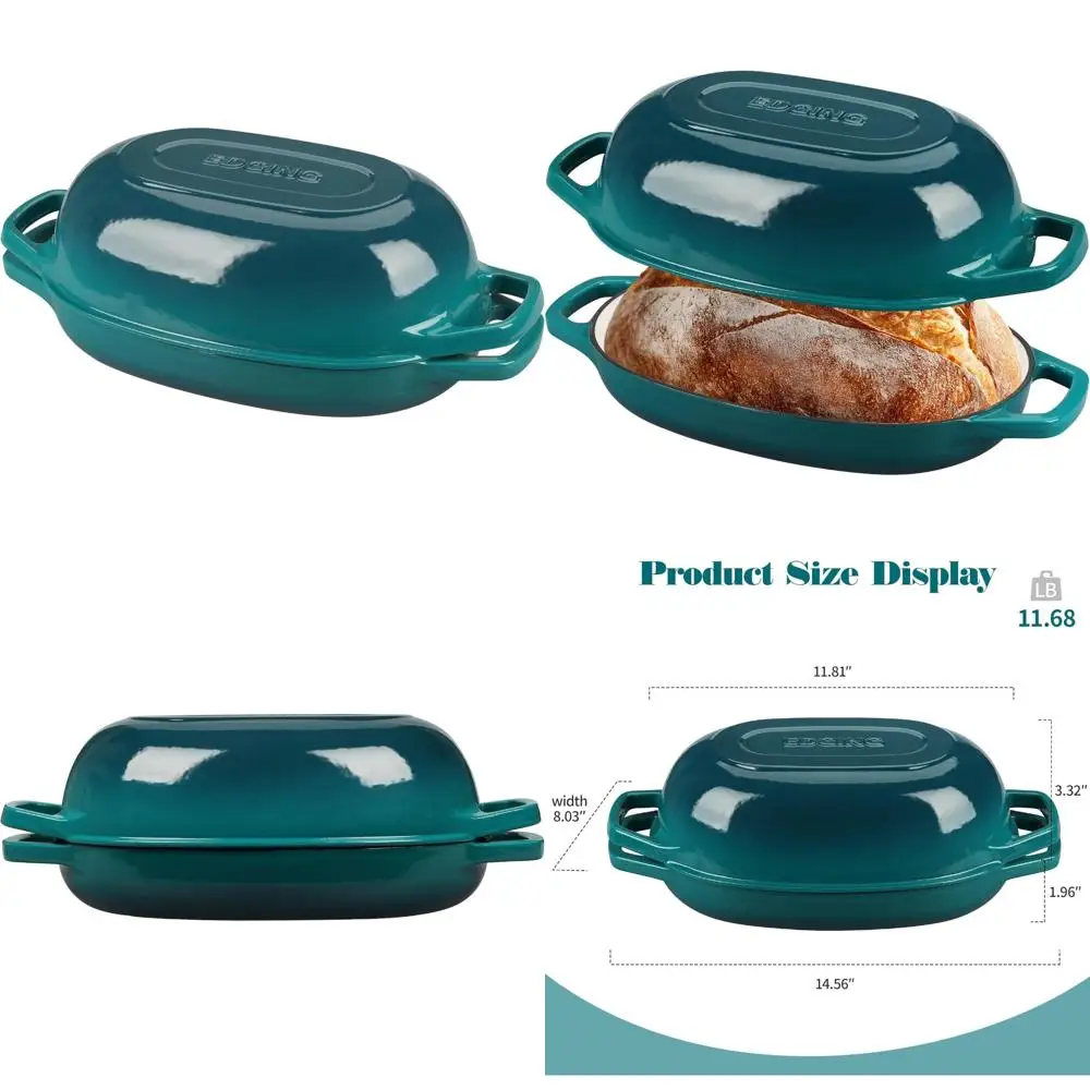 

Oval Enamel Cast Iron Dutch Oven with Lid, Perfect for Sourdough Bread Baking, 5 Quart, Dark Cyan Color, Bread Baking Pan for Ho
