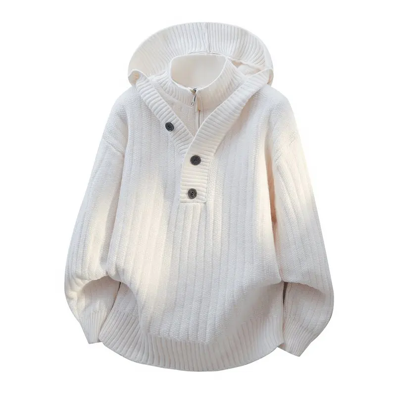 Autumn Winter Men's Fake Two Half Zipper Sweater High Quality Hooded Knitted Pullovers Men Fashion Casual Knit Pullover Sweaters