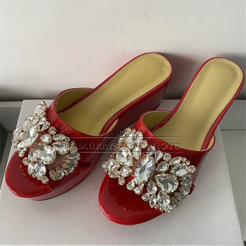 Luxury Rhinestone Diamond Buckle Decor Mules Quality Patent Leather Slingbacks High Platform Wedges Summer Sandals Women