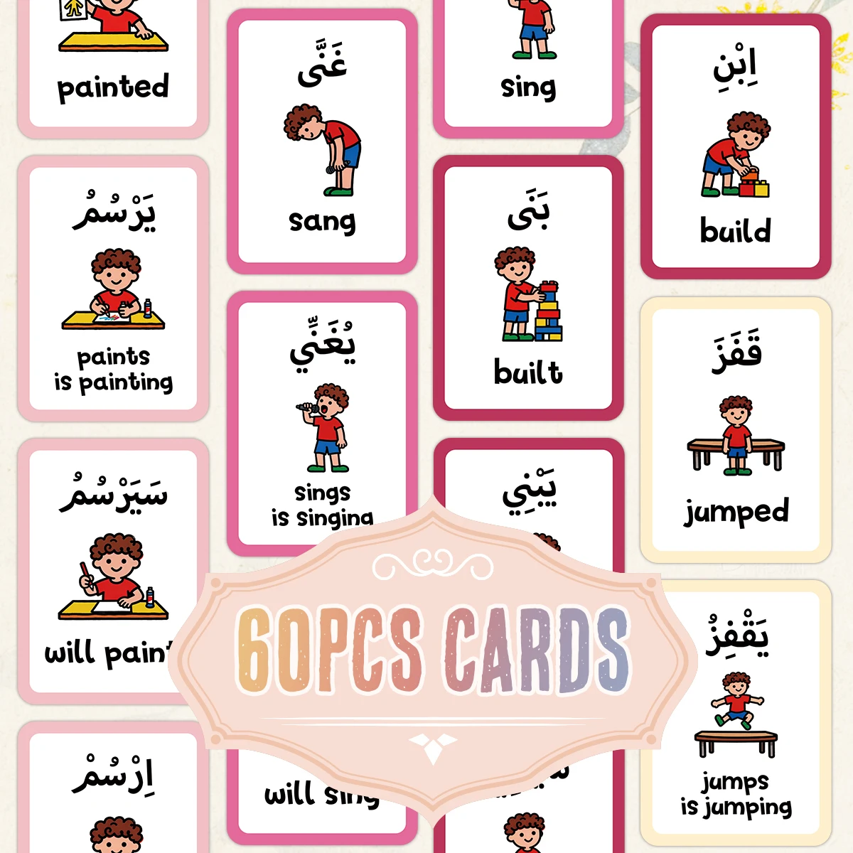 60pcs Arabic Verbs Phrases Cards,English Translation Design,Vocabulary Interactive Learning Tool Card,For Ramadan&Daily Practice