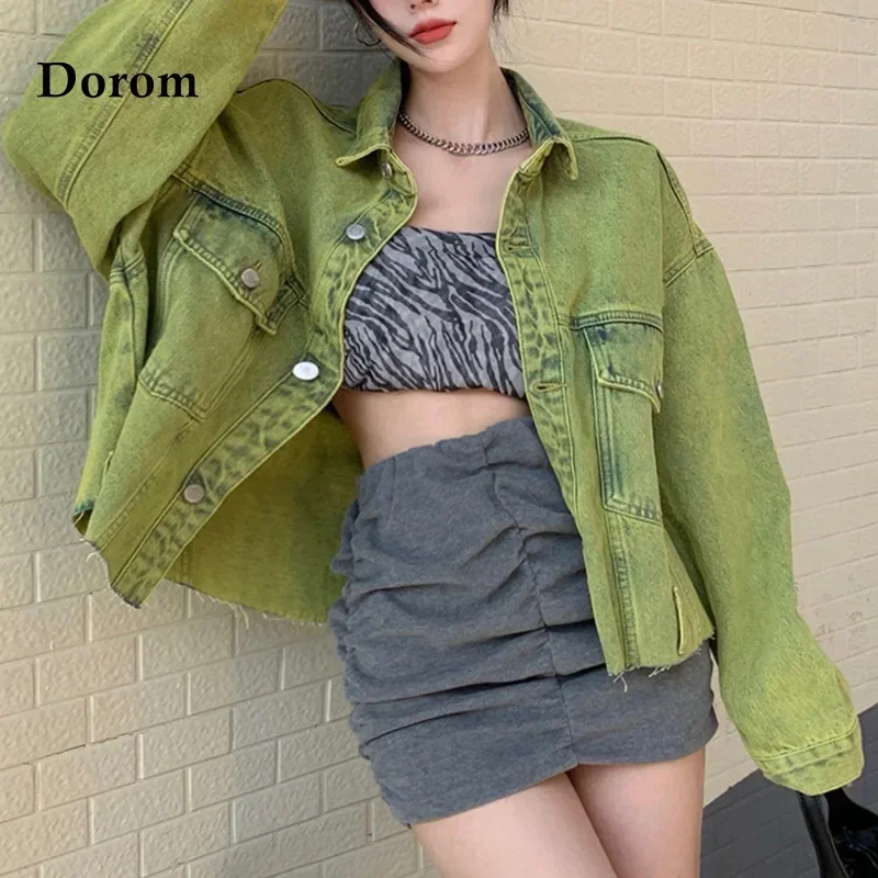 Fashion Green Denim Jacket Harajuku Long Sleeve Vintage Casual Jacket Female Tops Spring Autumn Street Loose Hip Hop Jeans Coat