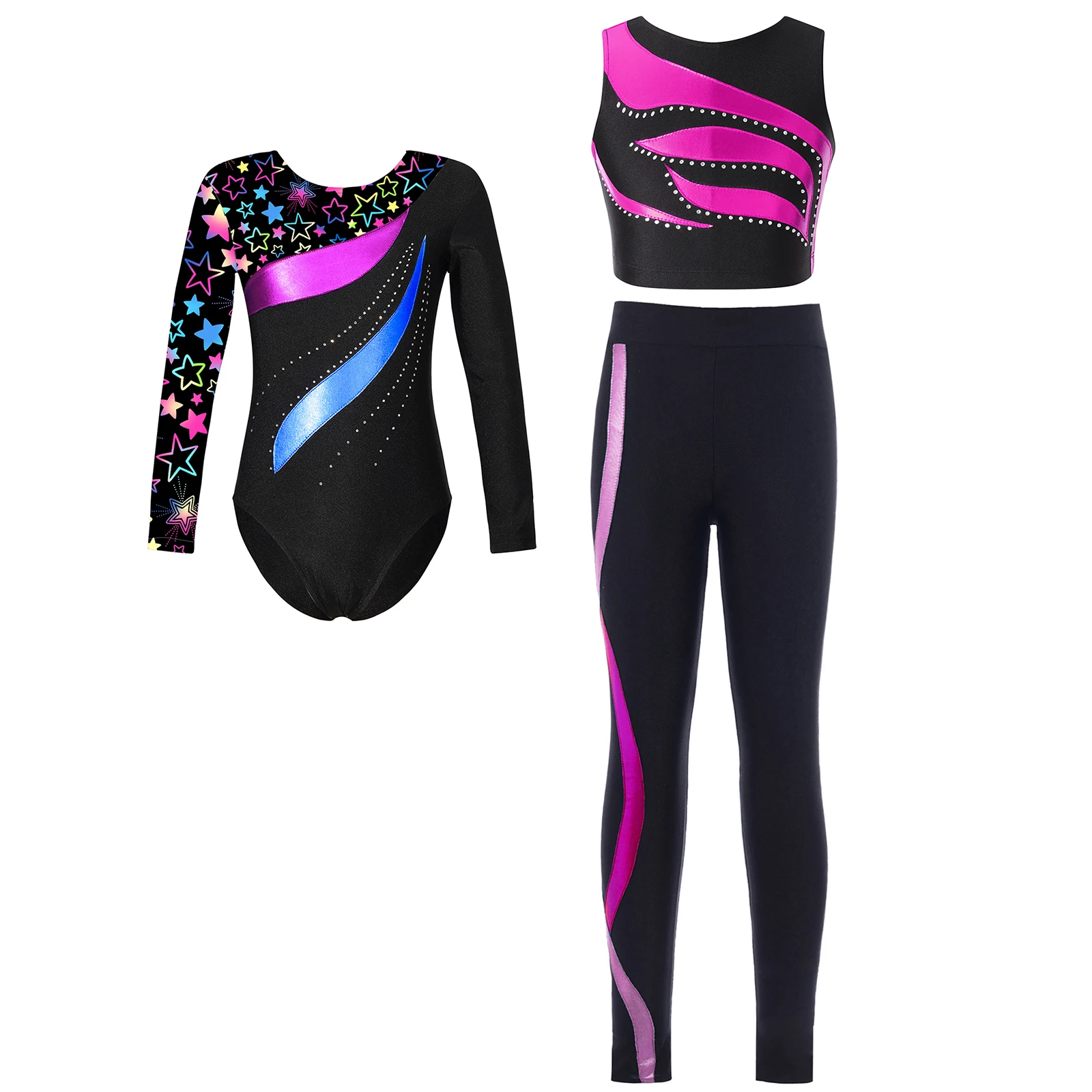 Children's Gymnastics Jumpsuit Ballet Dance Outfit Acrobatics Bodysuit Patchwork Printed Leotard with Crop Top Leggings Yoga Set