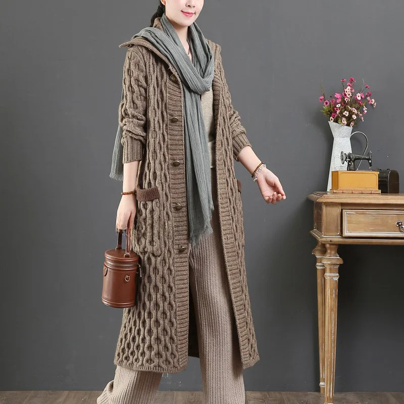 Artistic Thickened Large Sweater Outerwear Autumn Mid-Length Lapel Knit cardigan Angola Velvet Loose Temperament Outdoor