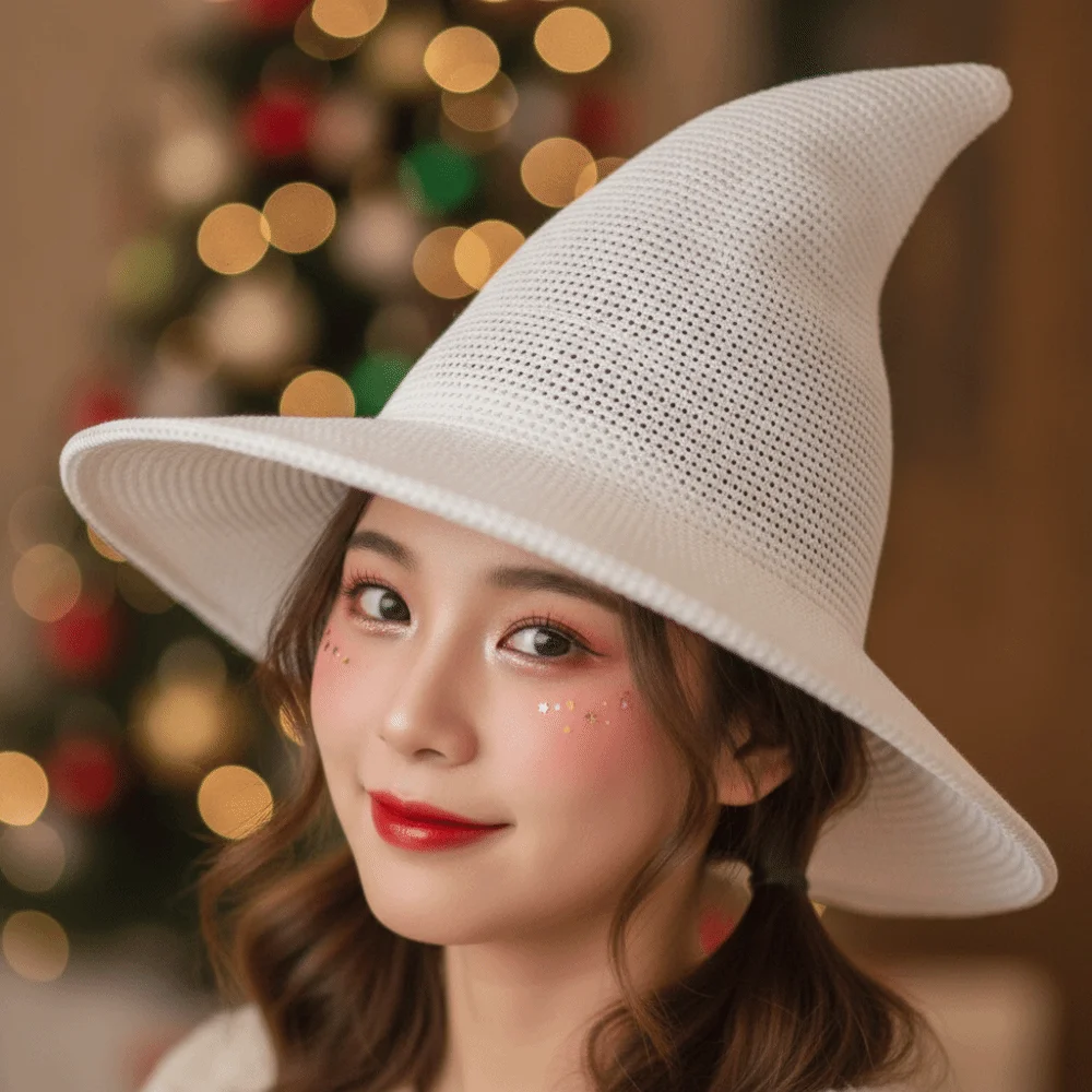 Halloween Beanie Knitted Witch Hat Pointed Top Wide Brim Wizard Cap Flexible Shape Breathable Pointed Bonnet Costume Cosplay