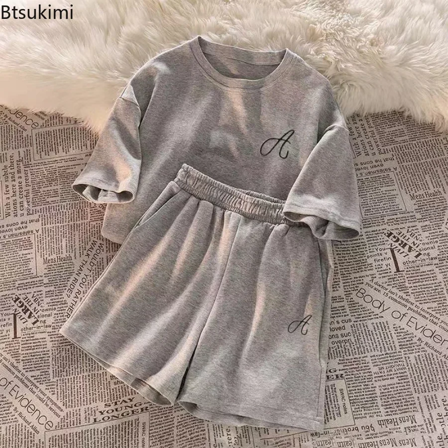 2024 Women\'s Summer 100% Cotton Loungewear Pajamas T-shirts Suits with Shorts Casual Women Sleepwear 2 Pieces Negligee Female