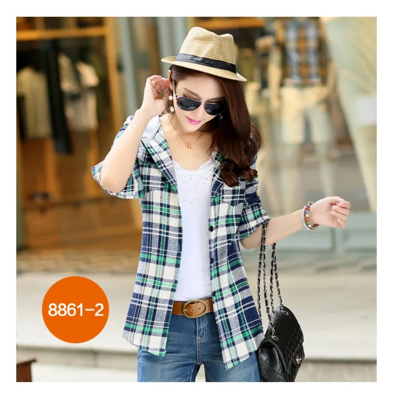 Women\'s Hooded Long Sleeve Flannel Plaid Blouses Casual Checkered Shirt Women Blusas Feminina Spring Tops Loose Outerwear M-XXXL