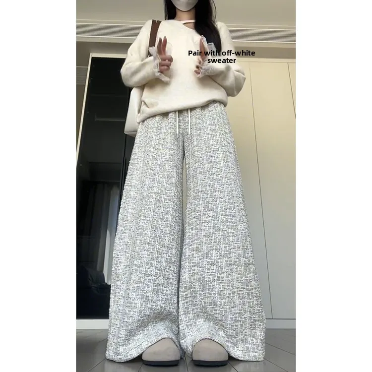 Coreano Sle Doce Pequeno ence Malha Calça Casual Feminina Outono Inverno Nova Pequena Fraança Vento Emagrecimento Drape Alta Wai...