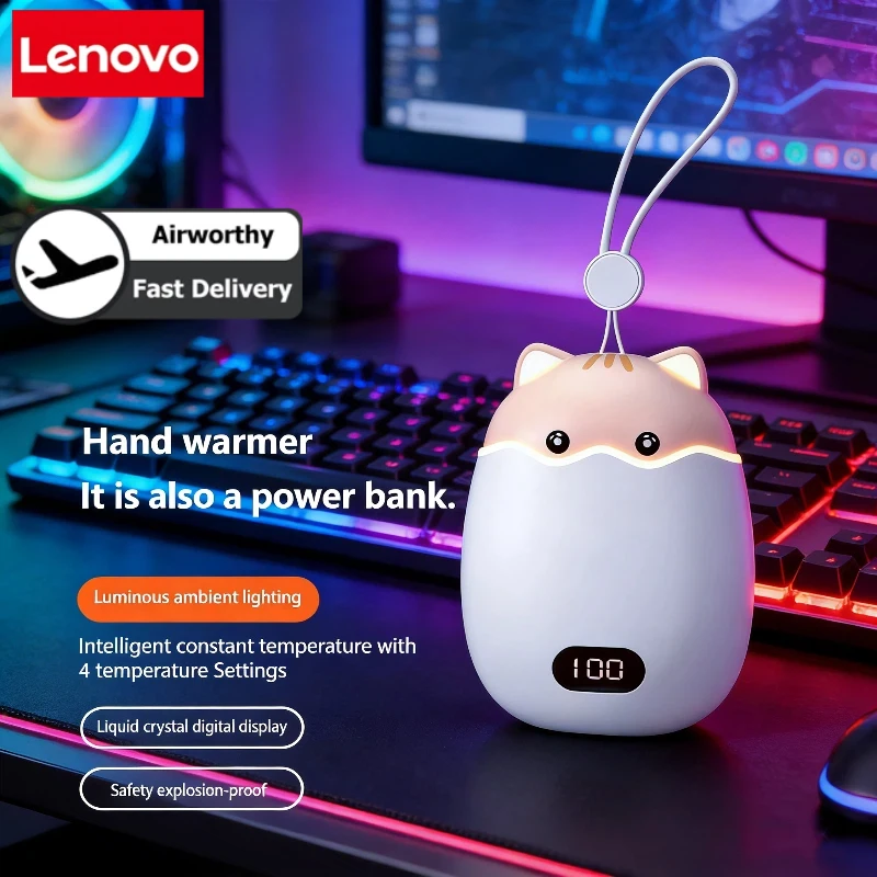 

Двусторонняя грелка для рук Lenovo с дизайном мультяшного кота, функция Power Bank, 4 режима регулировки температуры, электрический обогреватель 2-в-1