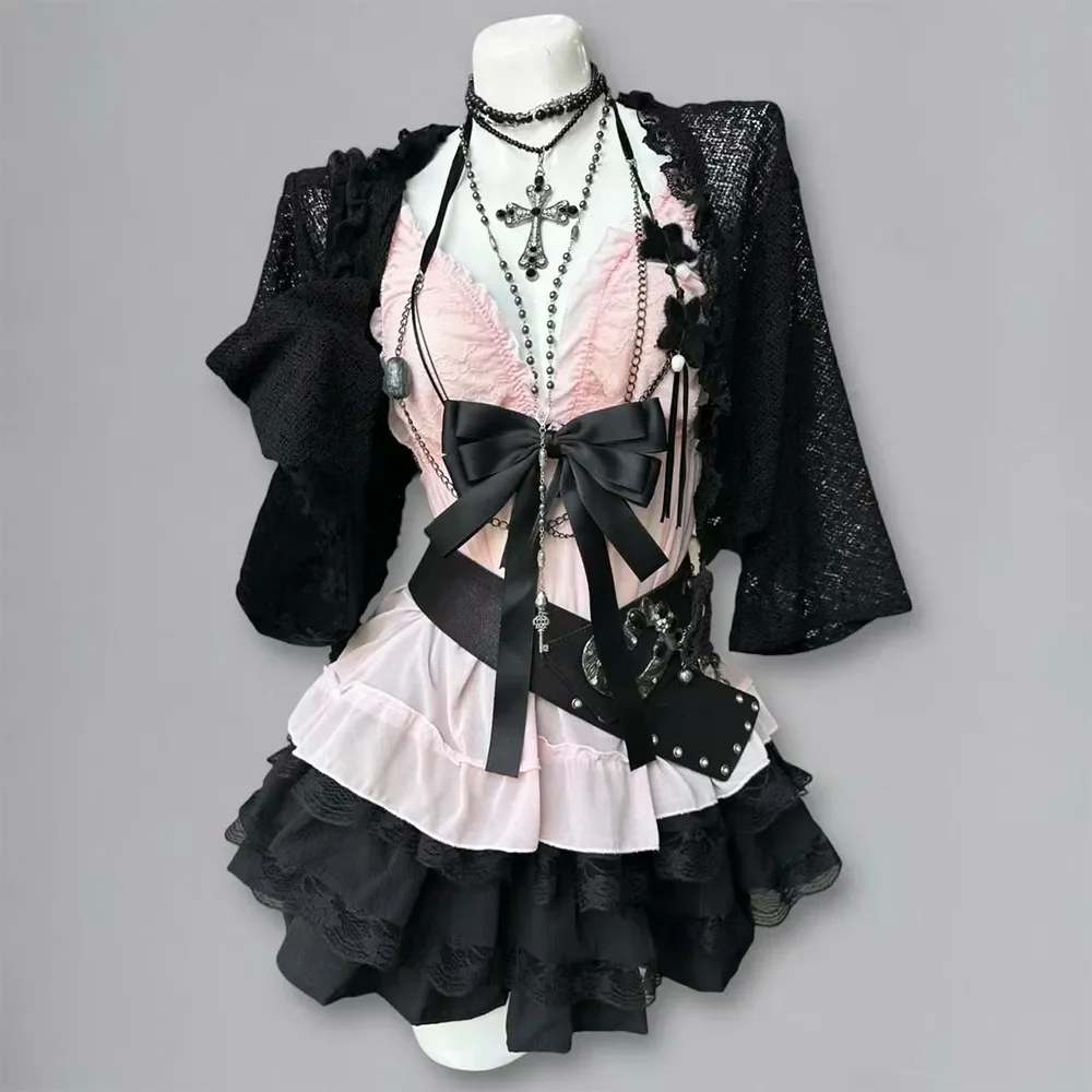 Gothic Style Vintage Short Sleeve Waist Coat + Lace Camisole + Polka Dot Mesh Mini Skirt Three-Piece Set Women Elegant Slim