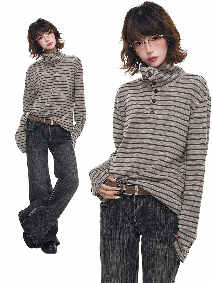 

Женская футболка Sanowers в американском ретро-стиле с полосками, воротником-стойкой и длинным рукавом, новая весенняя коллекция, свободный крой, универсальная базовая модель