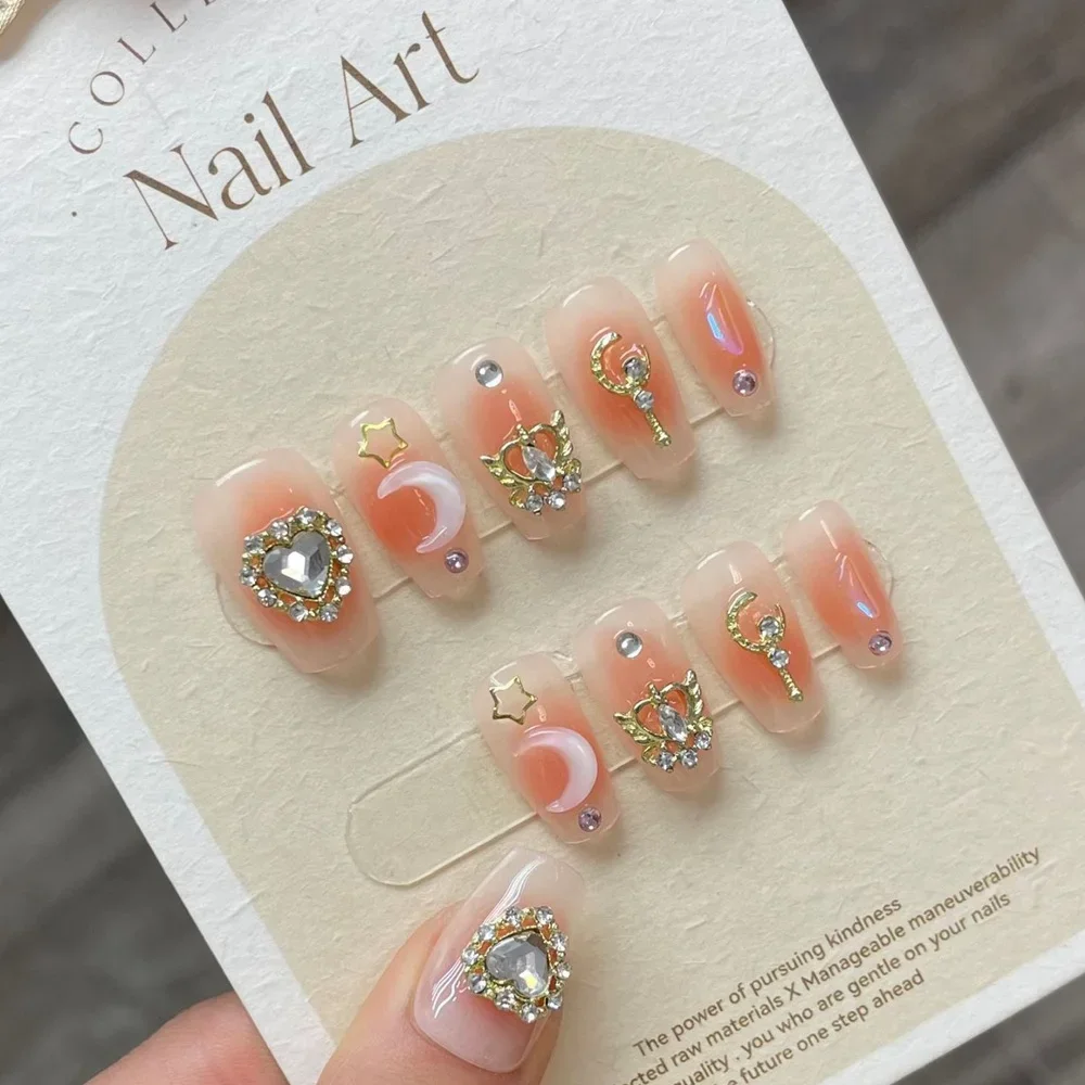 

Handmade Short Press on Nails with Charms 3D Rhinestone Almond Reusable False Nails with Design Acrylic Fake Nail for Girls