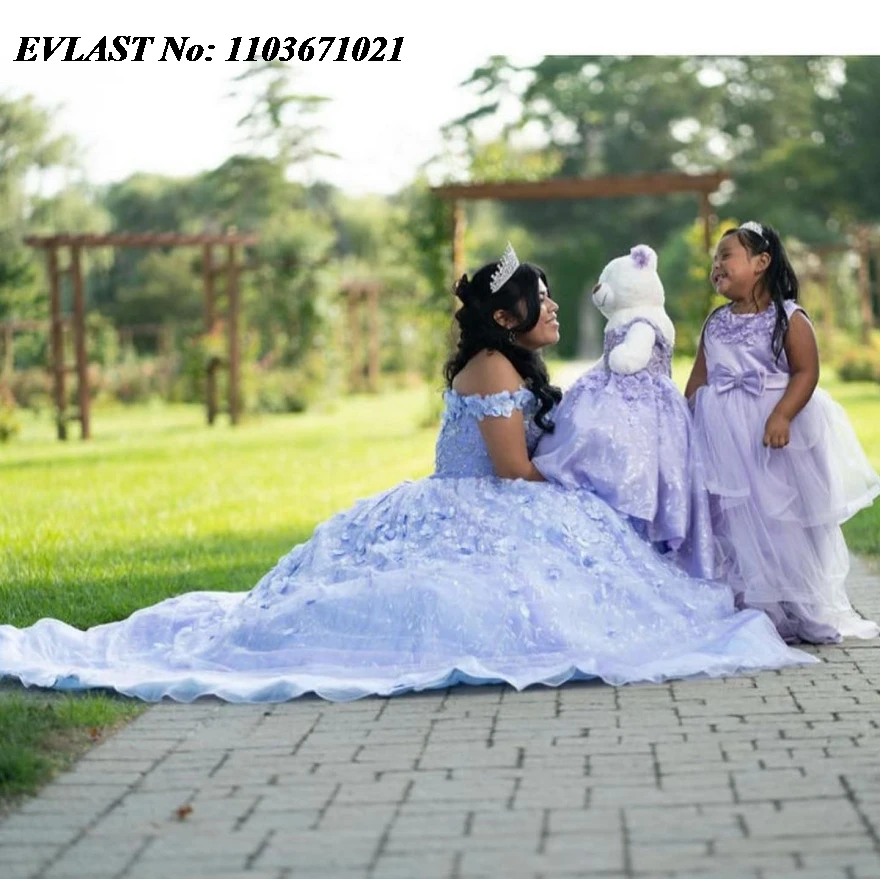 EVLAST Maßgeschneidertes Lavendel-Ballkleid-Quinceanera-Kleid mit 3D-Blumenspitze und Perlen, mexikanisches Sweet-16-Vestidos De Anos SQ491