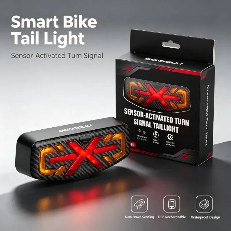Rechargeable Smart Bike Tail Light, Auto Brake‑Sensing Turn Signal Taillight Warning Rear Light for Road Bike MTB Night Cycling