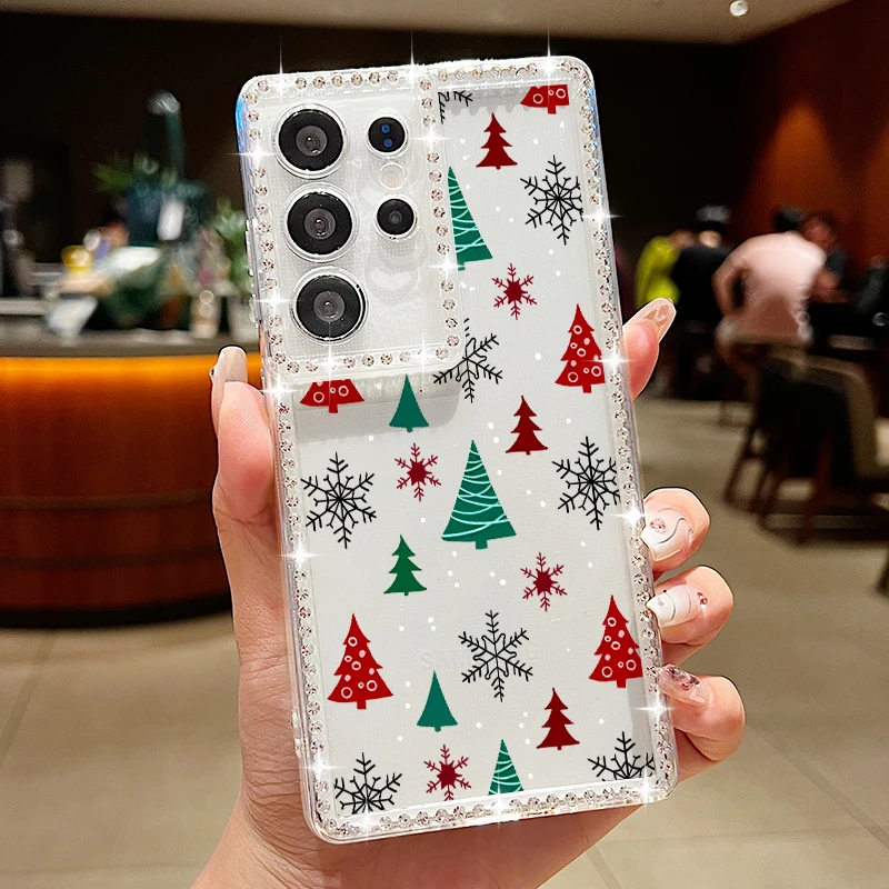 Christmas Pattern Diamond Case For Samsung Galaxy A56 A55 A54 5G A36 A35 A26 A16 A15 S21 FE S22 S23 S24 S25 Ultra S25 Edge Capa