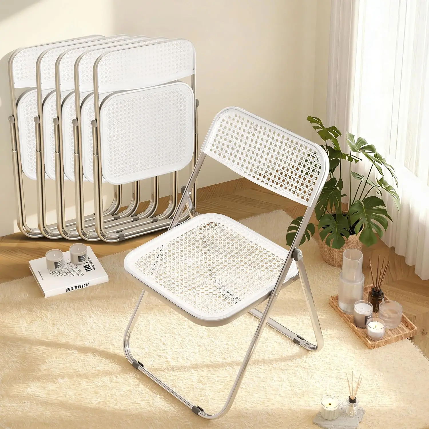 Folding Chair, 6 Pack Plastic Chair, White | Breathable folding chair with steel frame, 300lbs capacity. Portable & stackable fo