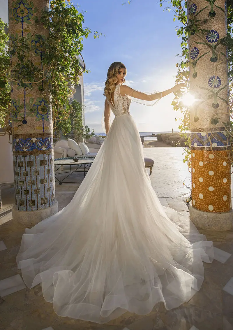 Vestido de novia elegante con manga larga abombada, traje de novia de línea a, Apliques de encaje, tren de barrido hecho a medida para medir, cuello en V, Princesa, 2023