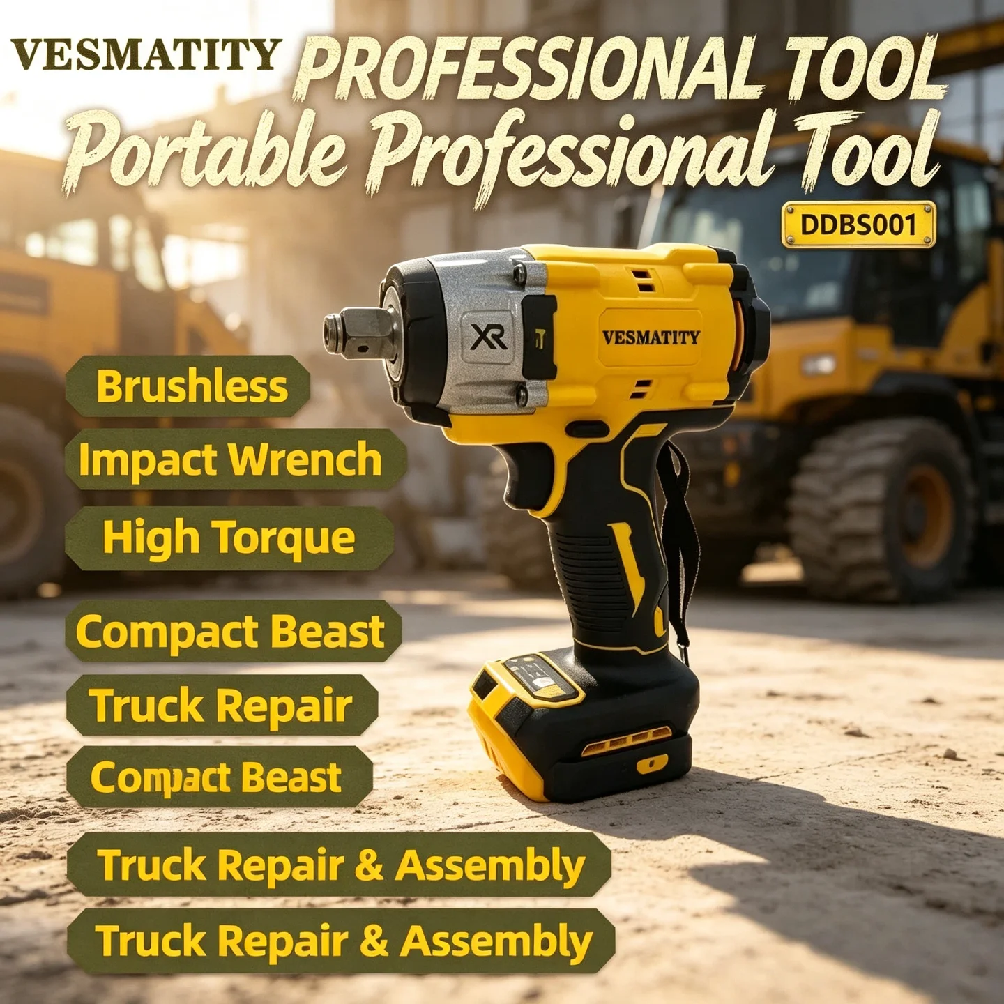 Vesmatity DDBS001 Brushless Impact Wrench 205N.m – Compact Cordless Power Tool for Truck Repair, Pro Max Elite Series