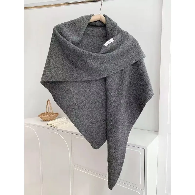 شال كبير من الصوف الأسترالي 100% للنساء للخريف والشتاء بتصميم مقعر دافئ لحماية الكتف وشاح مثلث محبوك