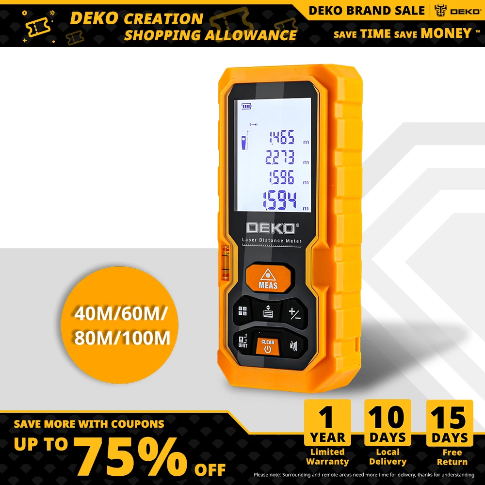 DEKO Handheld Laser Distance Meter Mini Laser Rangefinder Laser Tape Range Finder Diastimeter Measure 40M 60M 80M 100M